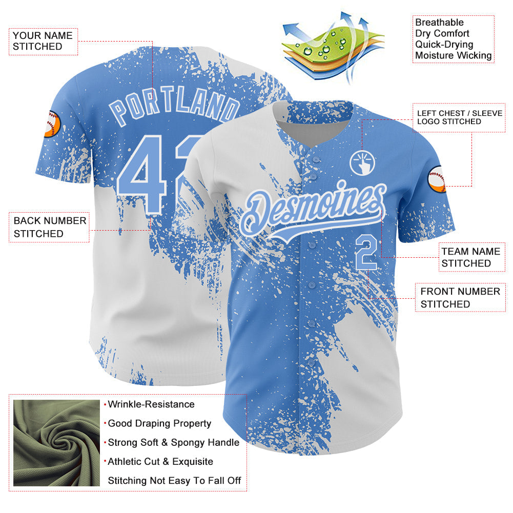 Custom Light Blue White 3D Pattern Design Abstract Brush Stroke Authentic Baseball Jersey view 3
