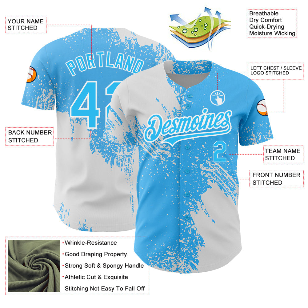 Custom Sky Blue White 3D Pattern Design Abstract Brush Stroke Authentic Baseball Jersey view 3