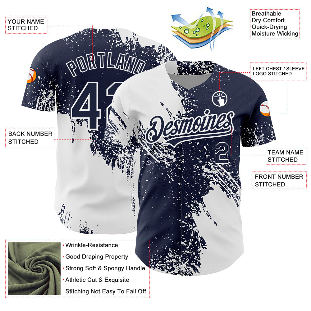 Custom Navy White 3D Pattern Design Abstract Brush Stroke Authentic Baseball Jersey view 3