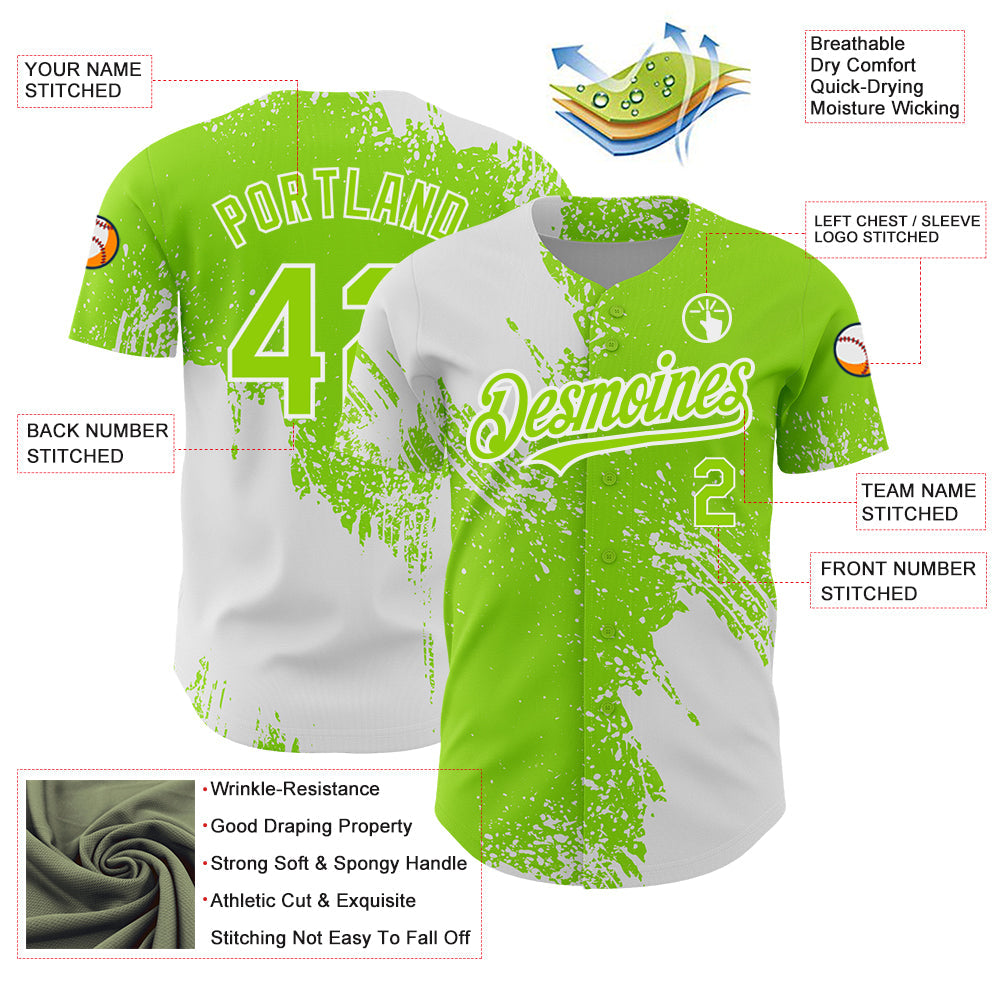 Custom Neon Green White 3D Pattern Design Abstract Brush Stroke Authentic Baseball Jersey view 3