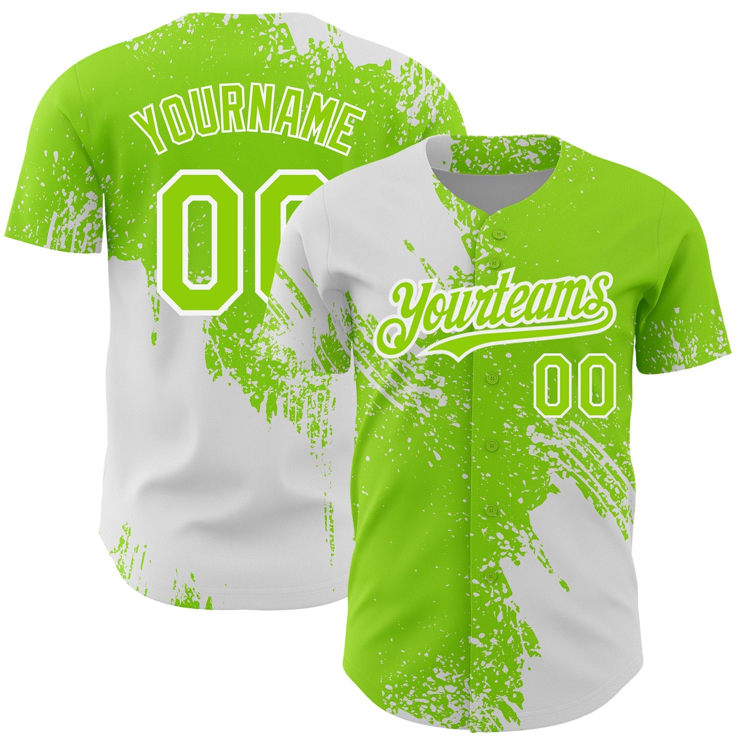 Custom Neon Green White 3D Pattern Design Abstract Brush Stroke Authentic Baseball Jersey - Main View