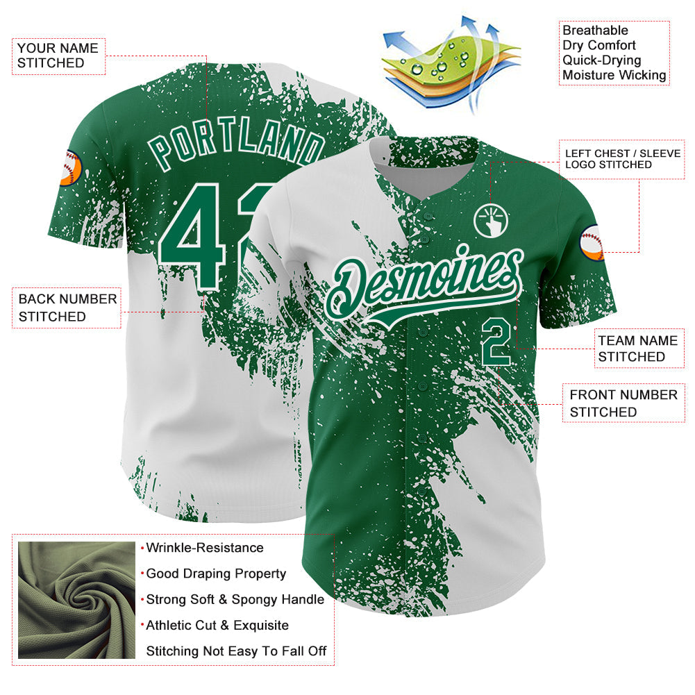 Custom Kelly Green White 3D Pattern Design Abstract Brush Stroke Authentic Baseball Jersey view 3