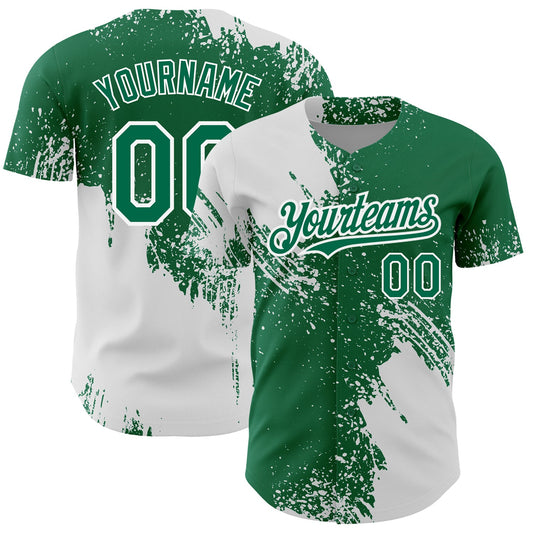 Custom Kelly Green White 3D Pattern Design Abstract Brush Stroke Authentic Baseball Jersey - Main View