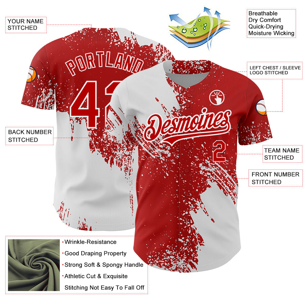 Custom Red White 3D Pattern Design Abstract Brush Stroke Authentic Baseball Jersey view 3