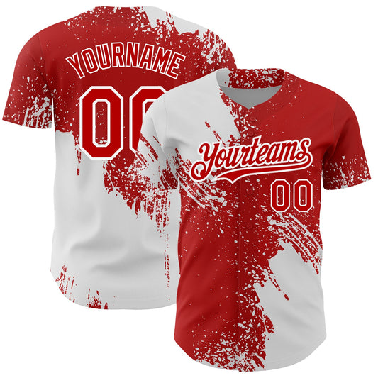 Custom Red White 3D Pattern Design Abstract Brush Stroke Authentic Baseball Jersey - Main View