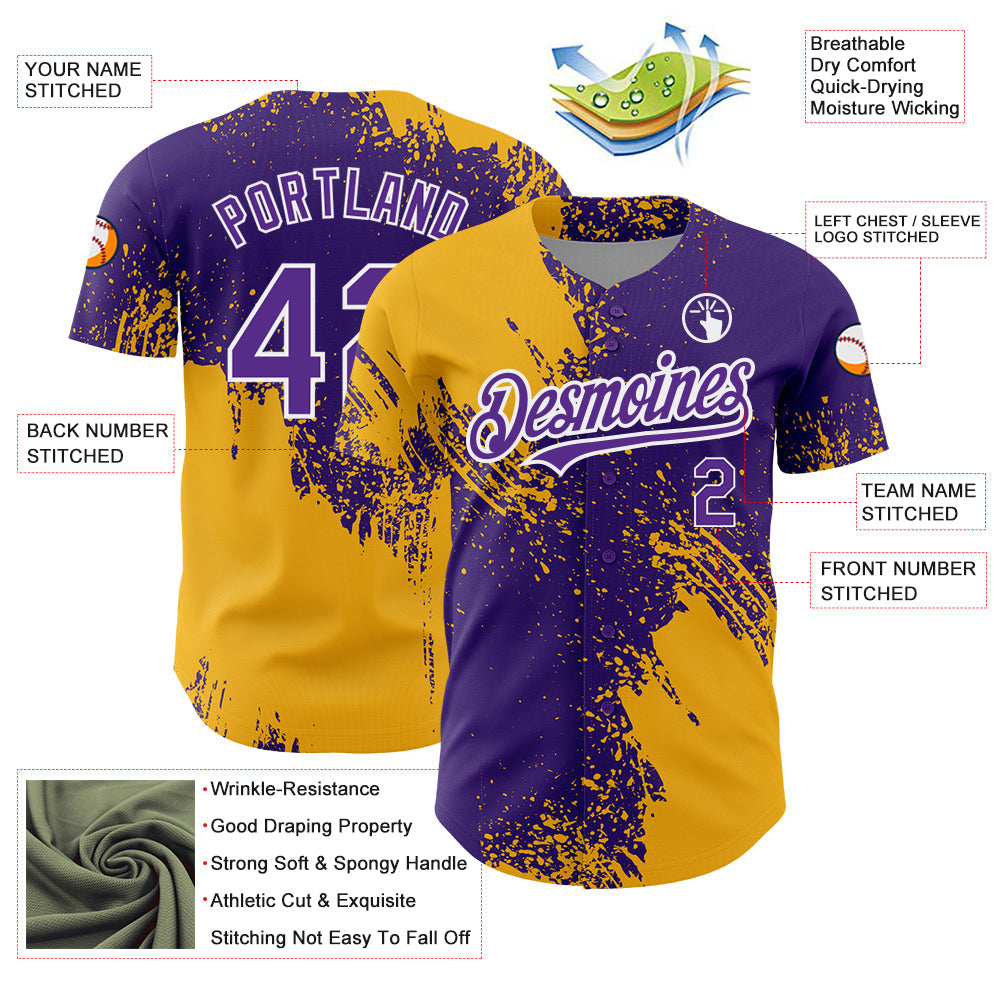 Custom Purple Gold-White 3D Pattern Design Abstract Brush Stroke Authentic Baseball Jersey view 3