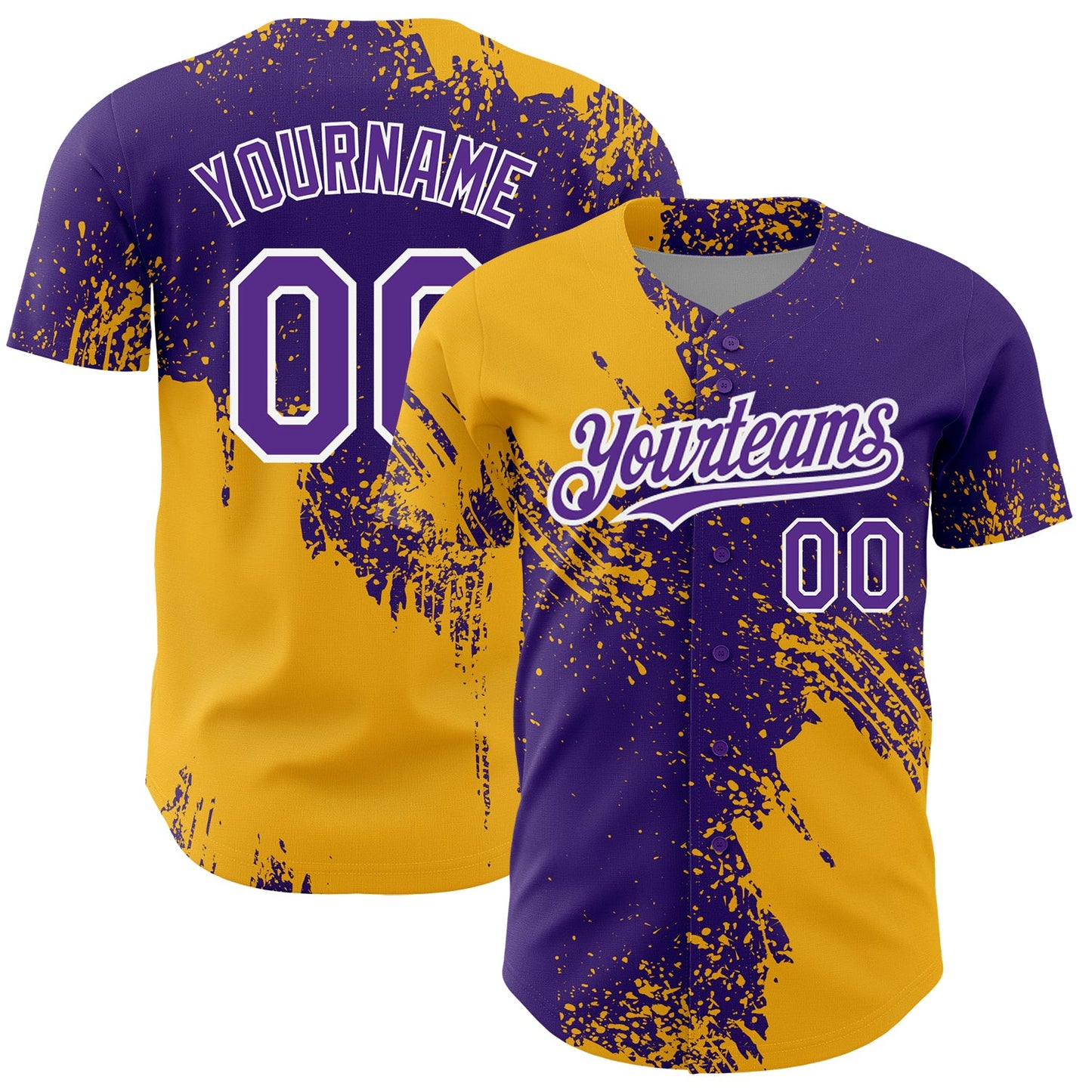 Custom Purple Gold-White 3D Pattern Design Abstract Brush Stroke Authentic Baseball Jersey - Main View