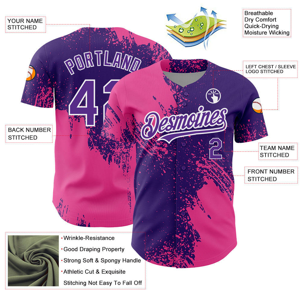 Custom Purple Pink-White 3D Pattern Design Abstract Brush Stroke Authentic Baseball Jersey view 3
