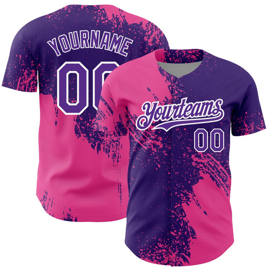 Custom Purple Pink-White 3D Pattern Design Abstract Brush Stroke Authentic Baseball Jersey - Main View