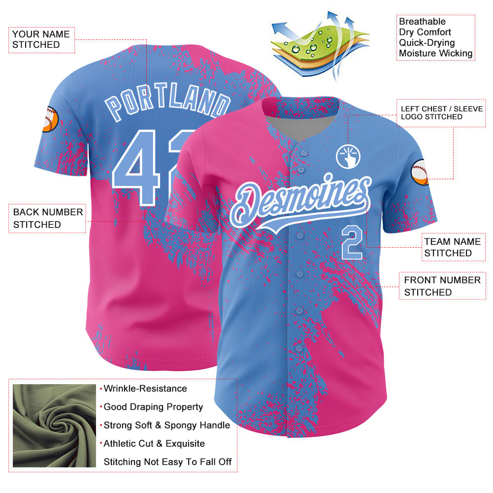 Custom Light Blue Pink-White 3D Pattern Design Abstract Brush Stroke Authentic Baseball Jersey view 3