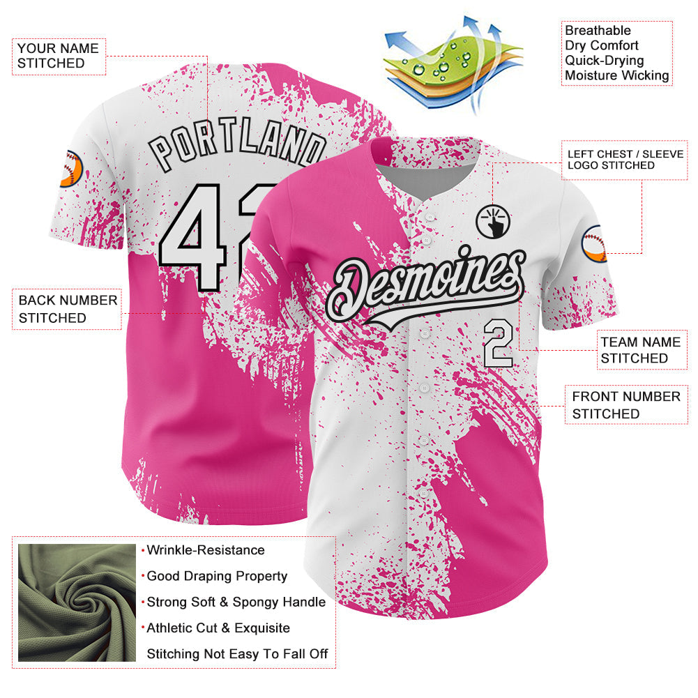 Custom White Pink-Black 3D Pattern Design Abstract Brush Stroke Authentic Baseball Jersey view 3
