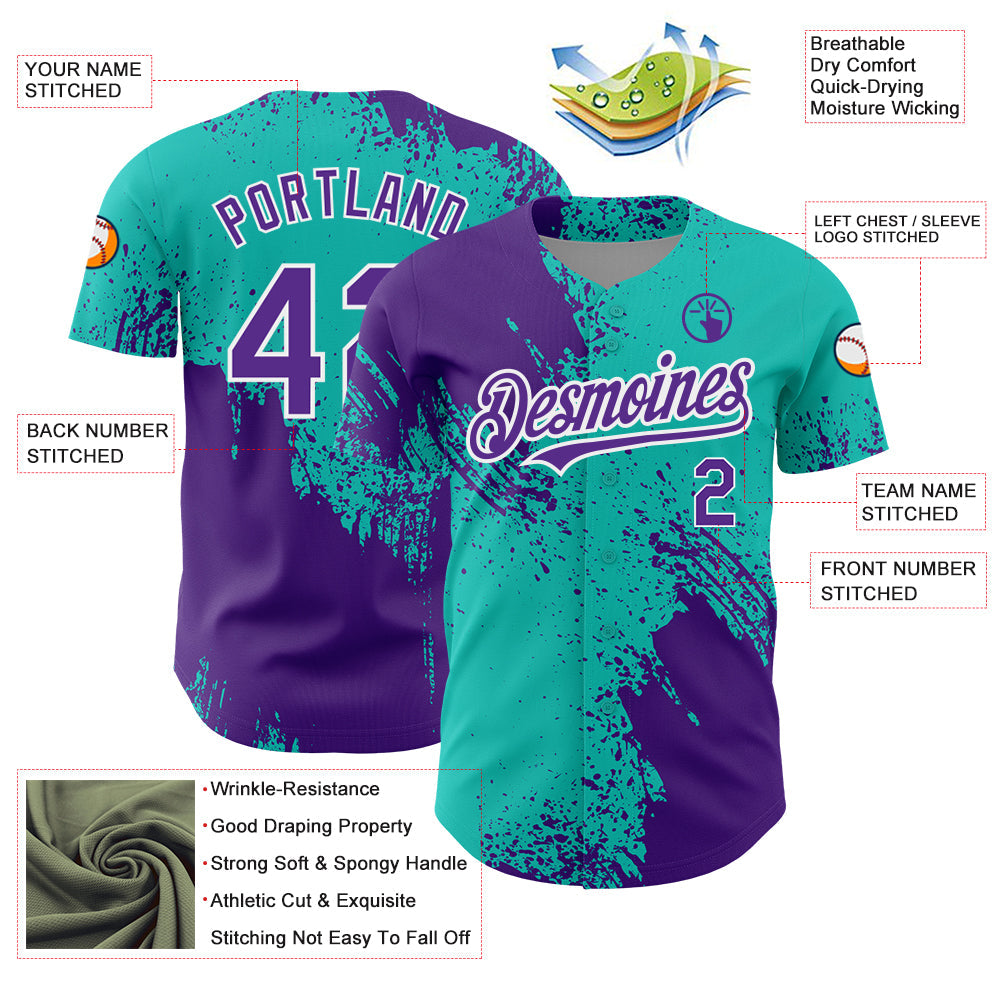 Custom Aqua Purple-White 3D Pattern Design Abstract Brush Stroke Authentic Baseball Jersey view 3