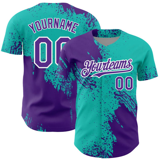 Custom Aqua Purple-White 3D Pattern Design Abstract Brush Stroke Authentic Baseball Jersey - Main View
