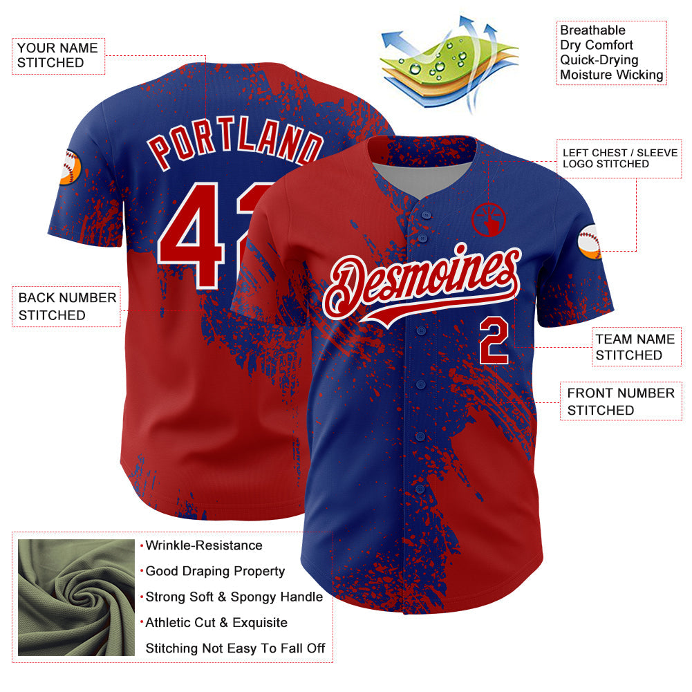 Custom Royal Red-White 3D Pattern Design Abstract Brush Stroke Authentic Baseball Jersey view 3