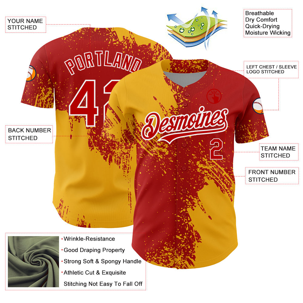 Custom Red Gold-White 3D Pattern Design Abstract Brush Stroke Authentic Baseball Jersey view 3