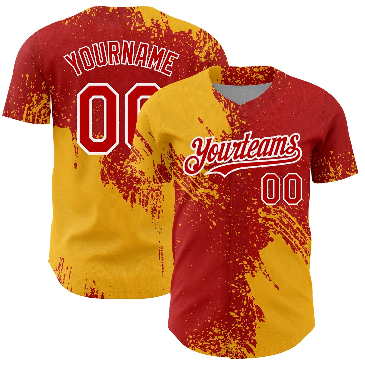 Custom Red Gold-White 3D Pattern Design Abstract Brush Stroke Authentic Baseball Jersey - Main View