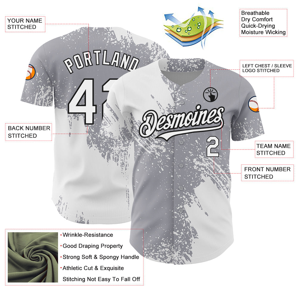 Custom Gray White-Black 3D Pattern Design Abstract Brush Stroke Authentic Baseball Jersey view 3