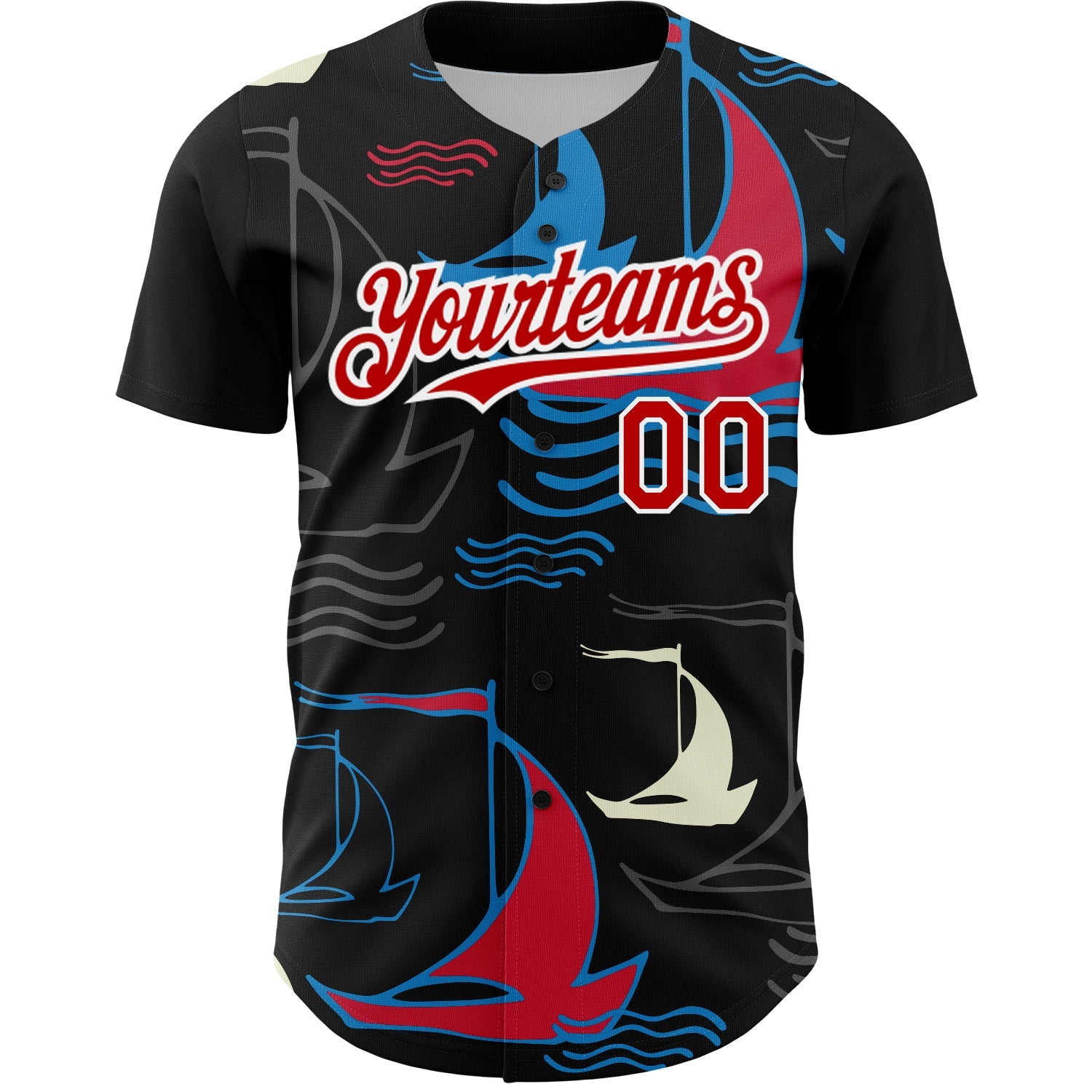 Custom Black Red-White 3D Pattern Design Sailing Boats Authentic Baseball Jersey view 2