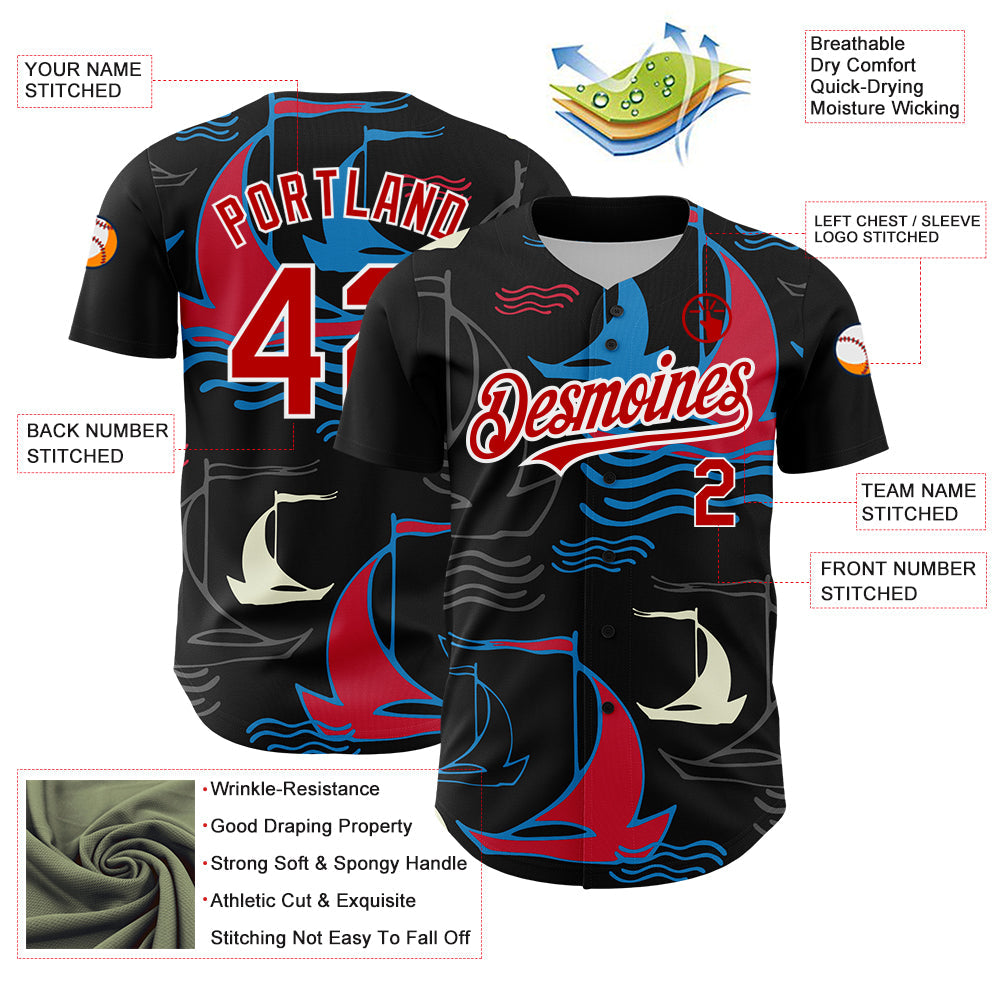 Custom Black Red-White 3D Pattern Design Sailing Boats Authentic Baseball Jersey view 3