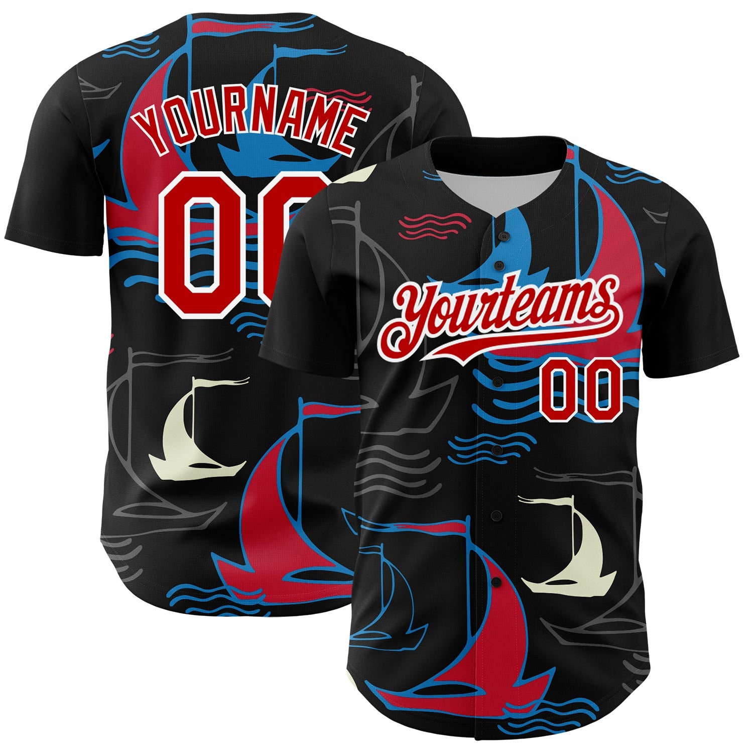 Custom Black Red-White 3D Pattern Design Sailing Boats Authentic Baseball Jersey - Main View
