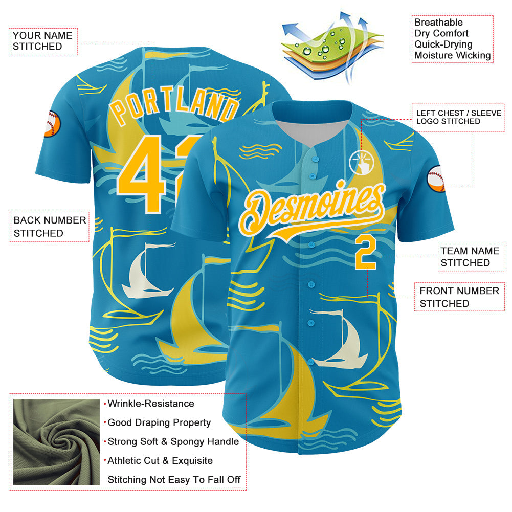 Custom Panther Blue Gold-White 3D Pattern Design Sailing Boats Authentic Baseball Jersey view 3