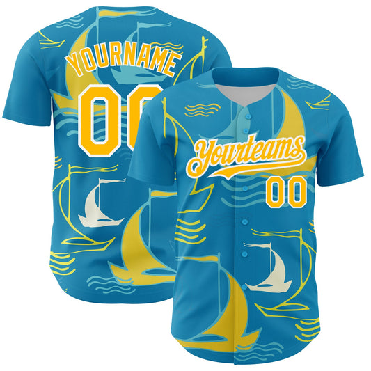 Custom Panther Blue Gold-White 3D Pattern Design Sailing Boats Authentic Baseball Jersey - Main View