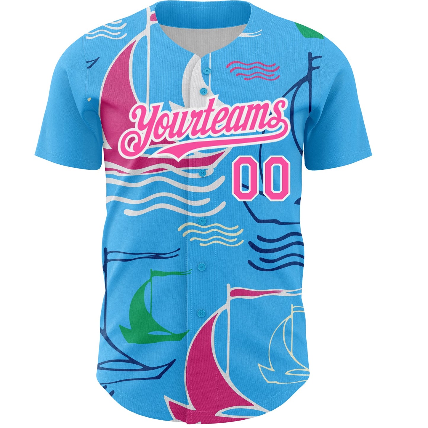Custom Sky Blue Pink-White 3D Pattern Design Sailing Boats Authentic Baseball Jersey view 2