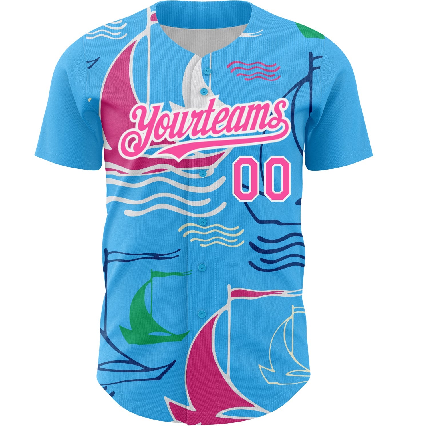 Custom Sky Blue Pink-White 3D Pattern Design Sailing Boats Authentic Baseball Jersey view 2