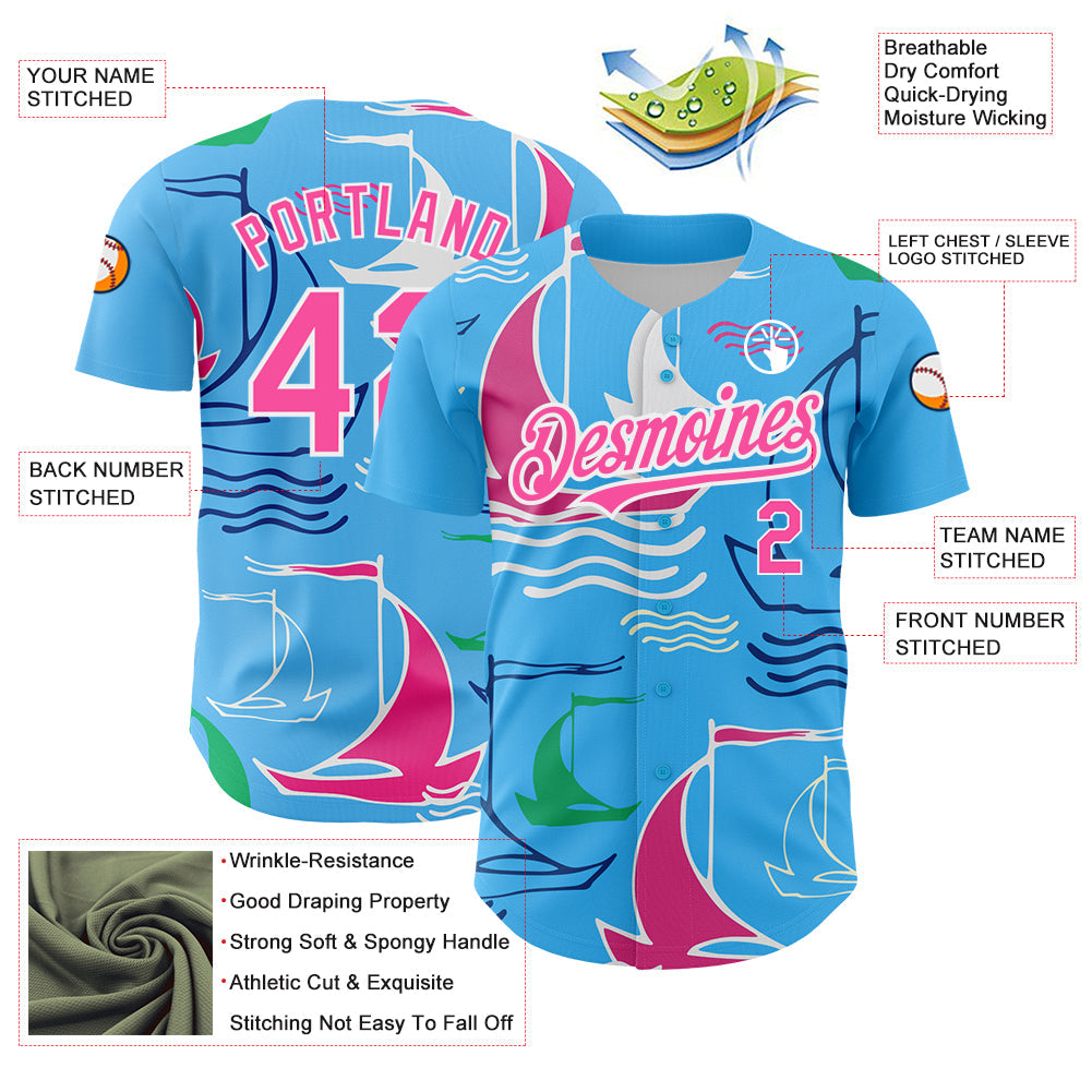 Custom Sky Blue Pink-White 3D Pattern Design Sailing Boats Authentic Baseball Jersey view 3
