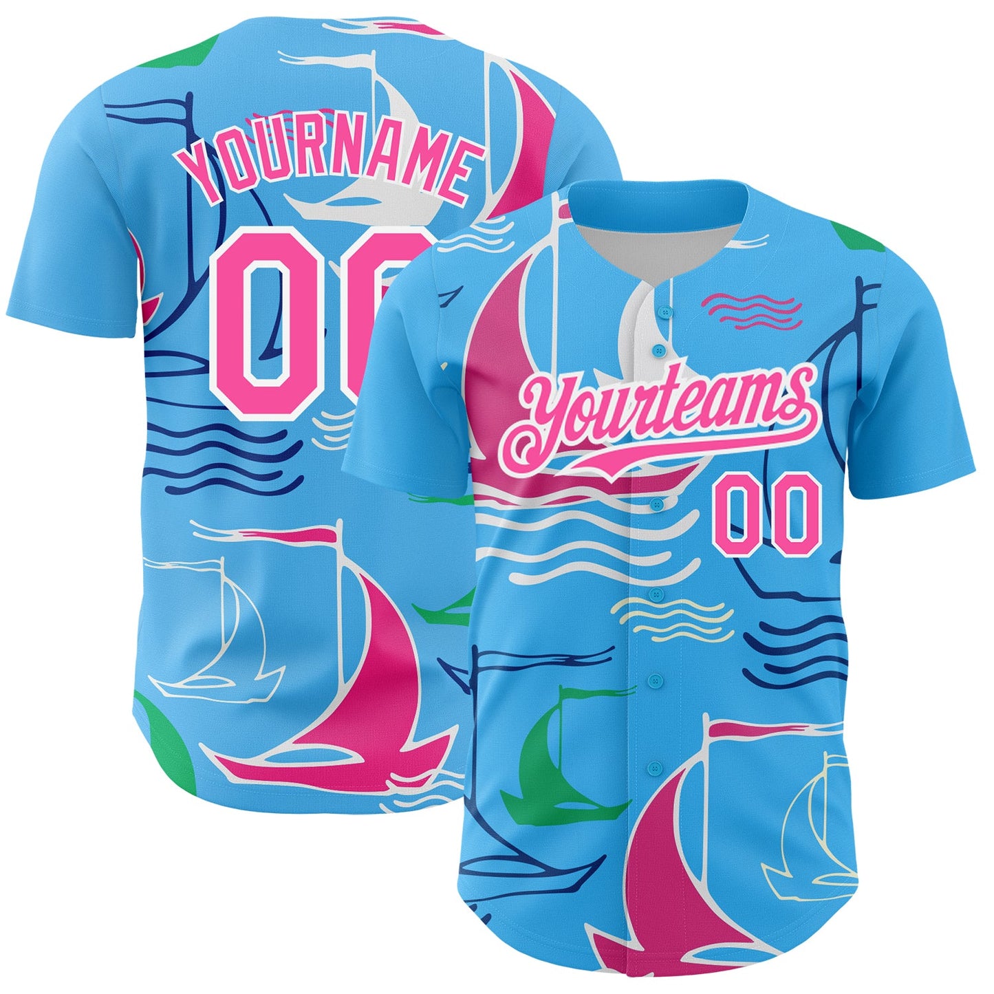 Custom Sky Blue Pink-White 3D Pattern Design Sailing Boats Authentic Baseball Jersey - Main View