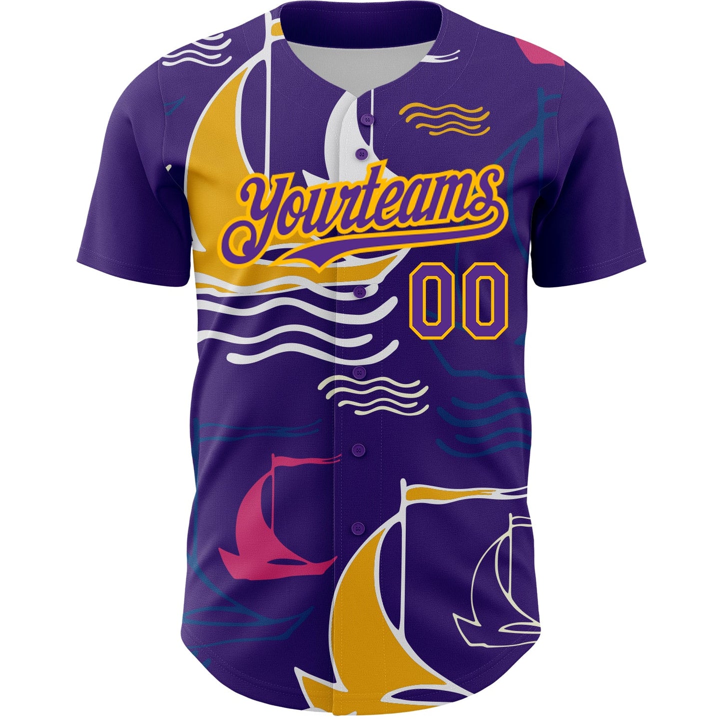 Custom Purple Gold 3D Pattern Design Sailing Boats Authentic Baseball Jersey view 2