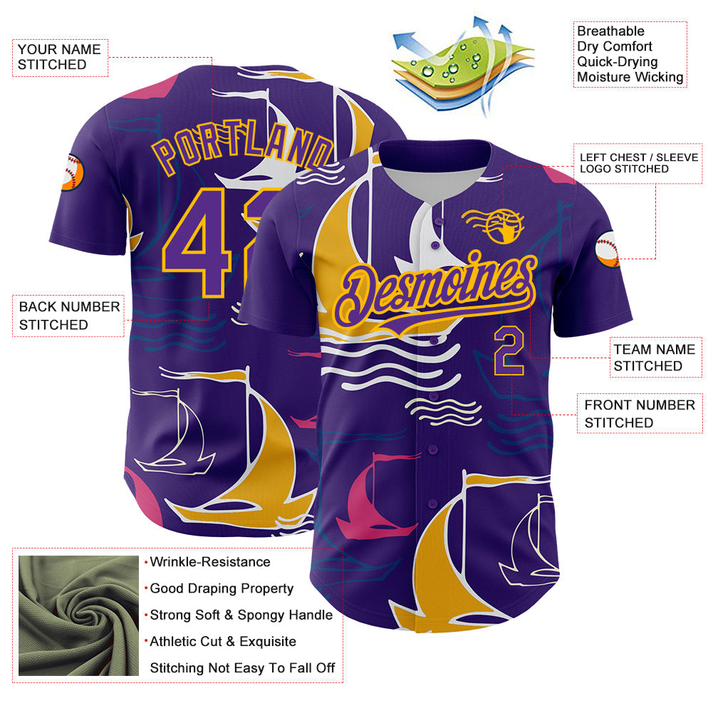 Custom Purple Gold 3D Pattern Design Sailing Boats Authentic Baseball Jersey view 3
