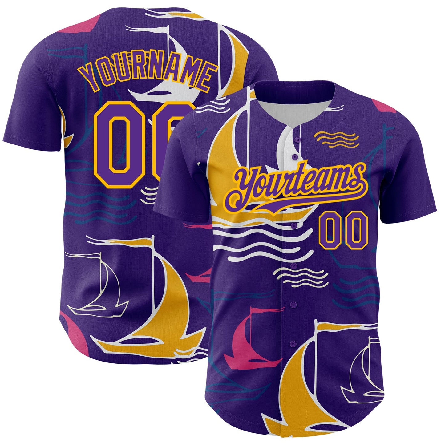 Custom Purple Gold 3D Pattern Design Sailing Boats Authentic Baseball Jersey - Main View
