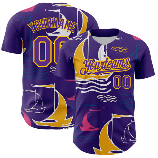 Custom Purple Gold 3D Pattern Design Sailing Boats Authentic Baseball Jersey - Main View