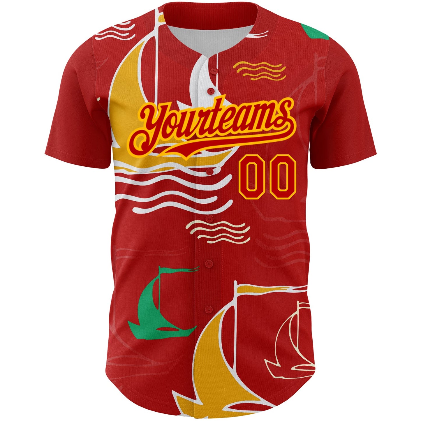 Custom Red Gold 3D Pattern Design Sailing Boats Authentic Baseball Jersey view 2
