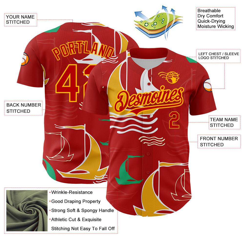 Custom Red Gold 3D Pattern Design Sailing Boats Authentic Baseball Jersey view 3
