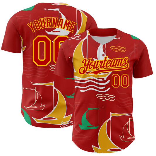 Custom Red Gold 3D Pattern Design Sailing Boats Authentic Baseball Jersey - Main View