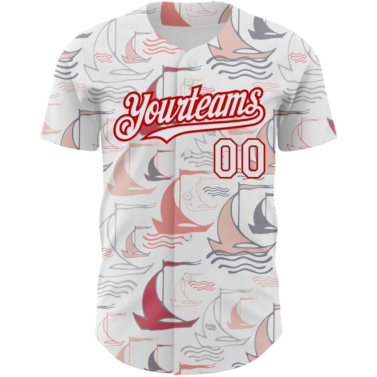 Custom White Red 3D Pattern Design Sailing Boats Authentic Baseball Jersey view 2