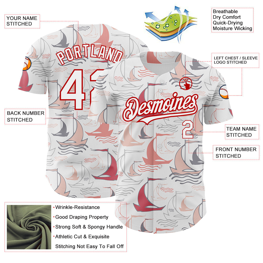 Custom White Red 3D Pattern Design Sailing Boats Authentic Baseball Jersey view 3