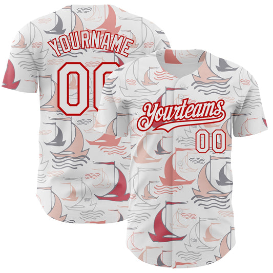 Custom White Red 3D Pattern Design Sailing Boats Authentic Baseball Jersey - Main View