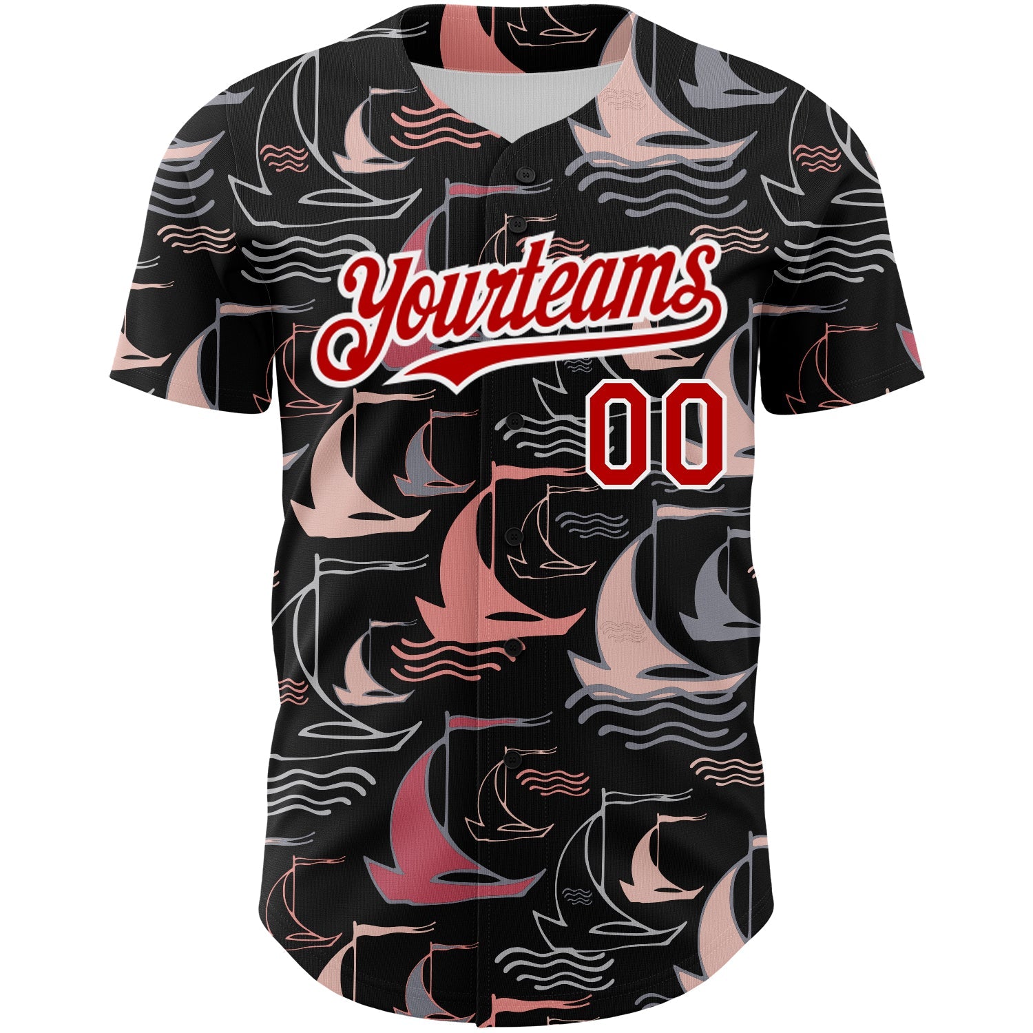 Custom Black Red-White 3D Pattern Design Sailing Boats Authentic Baseball Jersey view 2