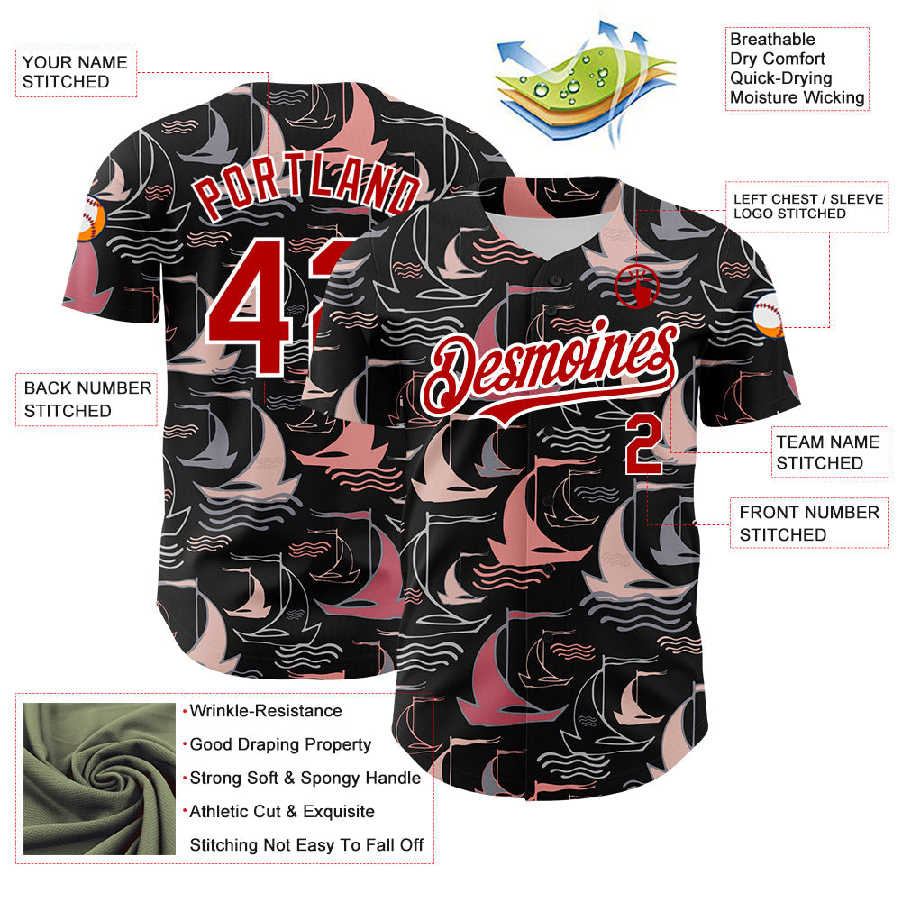 Custom Black Red-White 3D Pattern Design Sailing Boats Authentic Baseball Jersey view 3