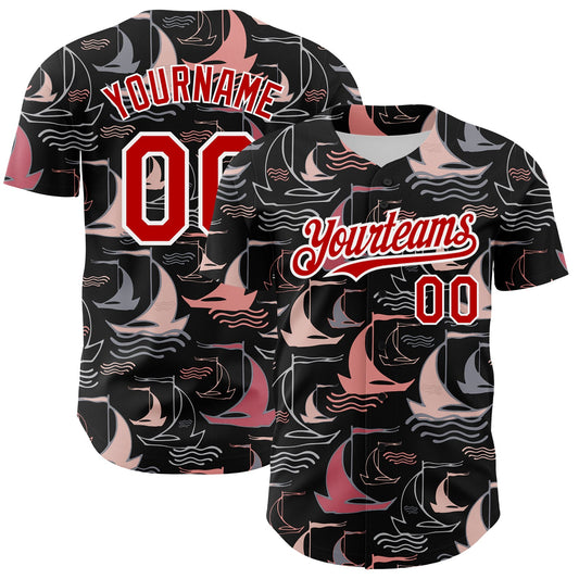 Custom Black Red-White 3D Pattern Design Sailing Boats Authentic Baseball Jersey - Main View
