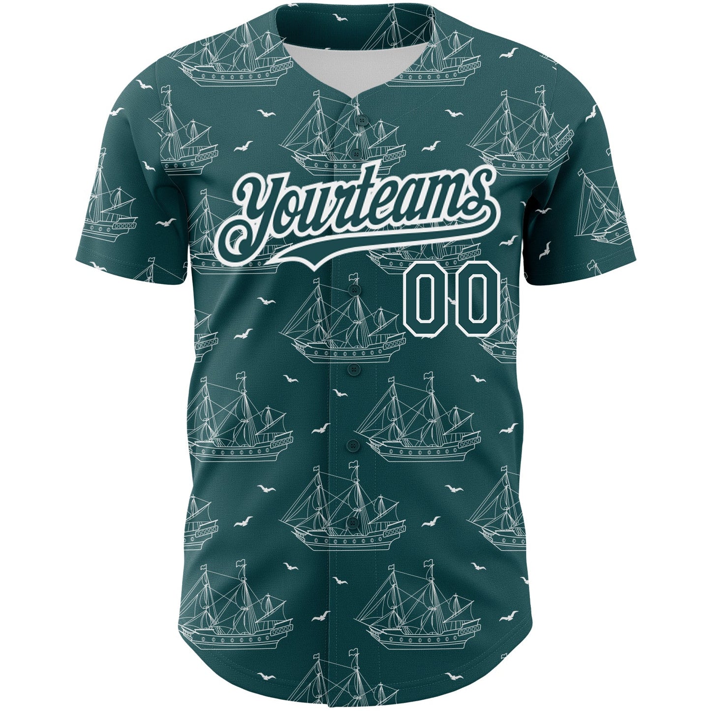 Custom Midnight Green White 3D Pattern Design Ship Frigate With Seagulls Authentic Baseball Jersey view 2
