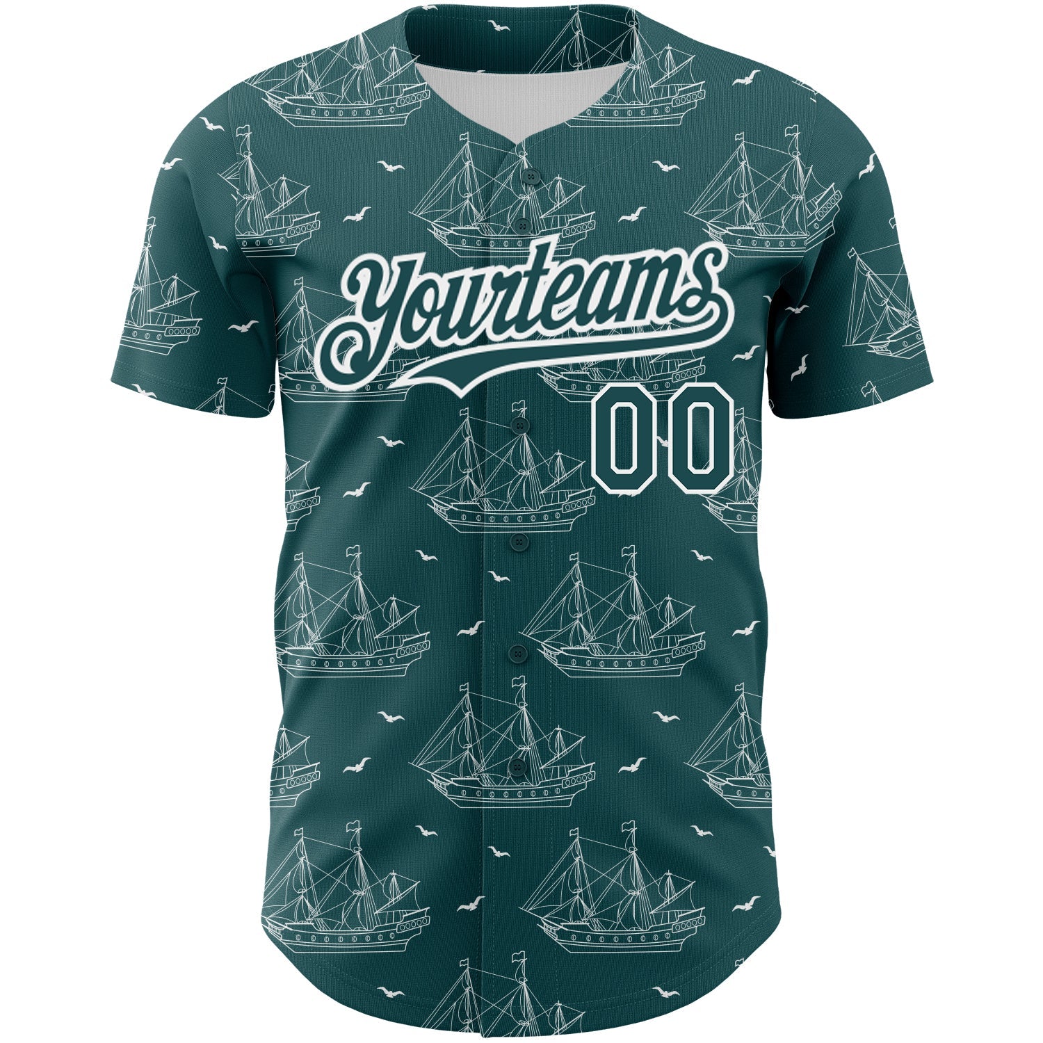 Custom Midnight Green White 3D Pattern Design Ship Frigate With Seagulls Authentic Baseball Jersey view 2