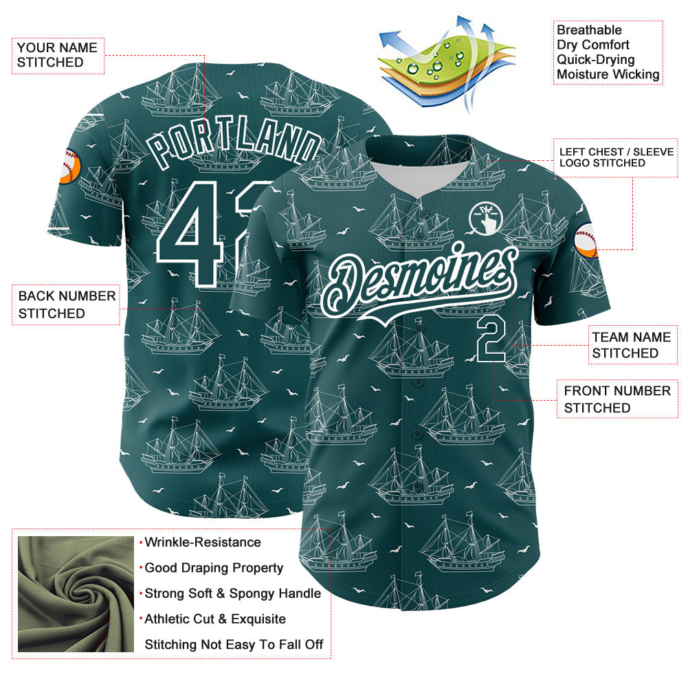 Custom Midnight Green White 3D Pattern Design Ship Frigate With Seagulls Authentic Baseball Jersey view 3