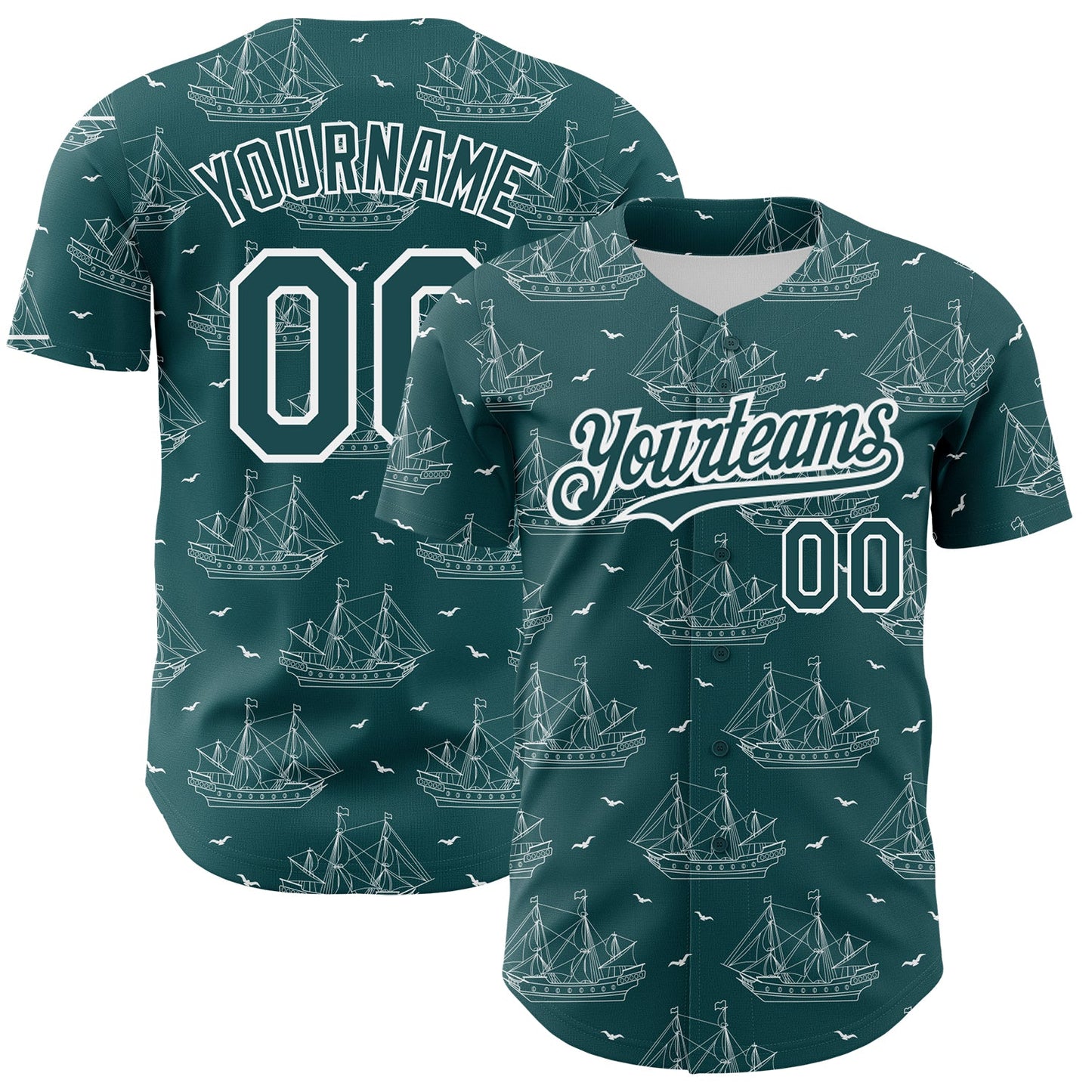 Custom Midnight Green White 3D Pattern Design Ship Frigate With Seagulls Authentic Baseball Jersey - Main View