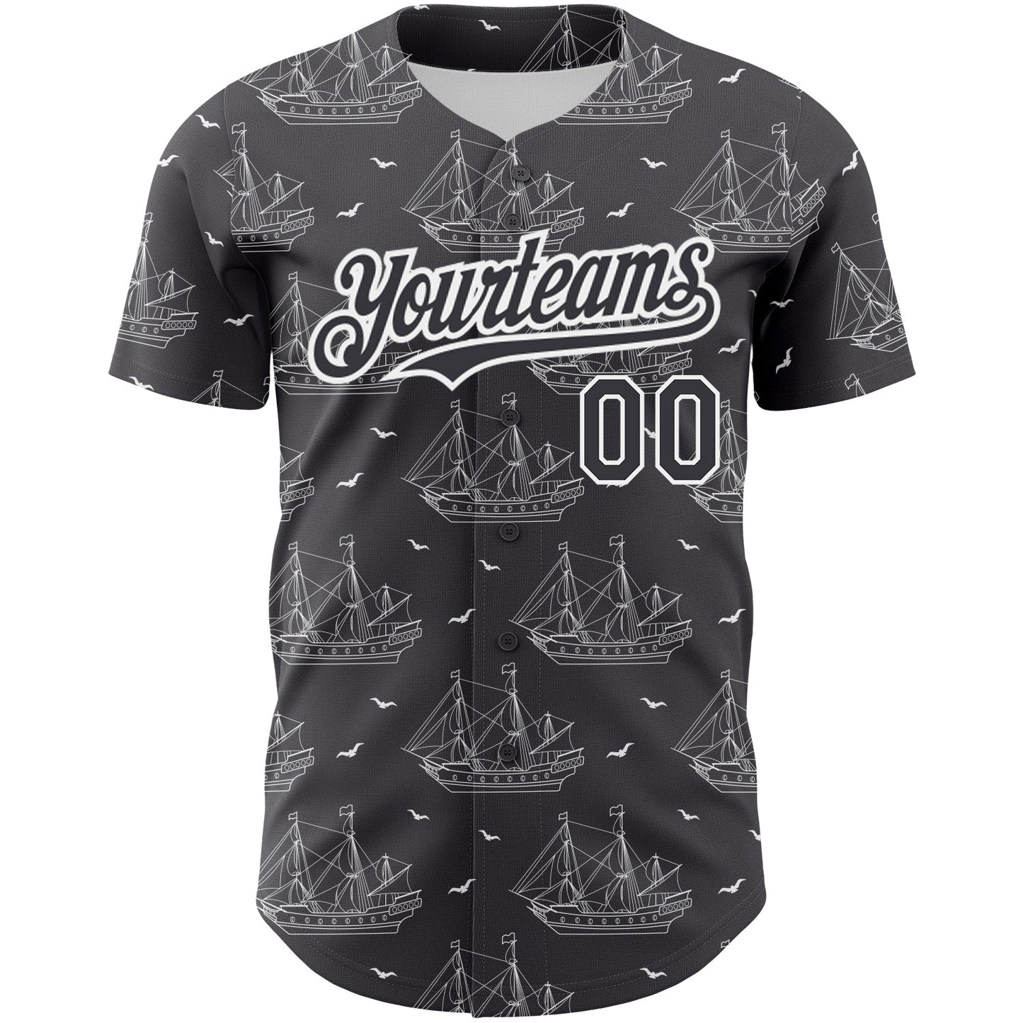 Custom Steel Gray White 3D Pattern Design Ship Frigate With Seagulls Authentic Baseball Jersey view 2