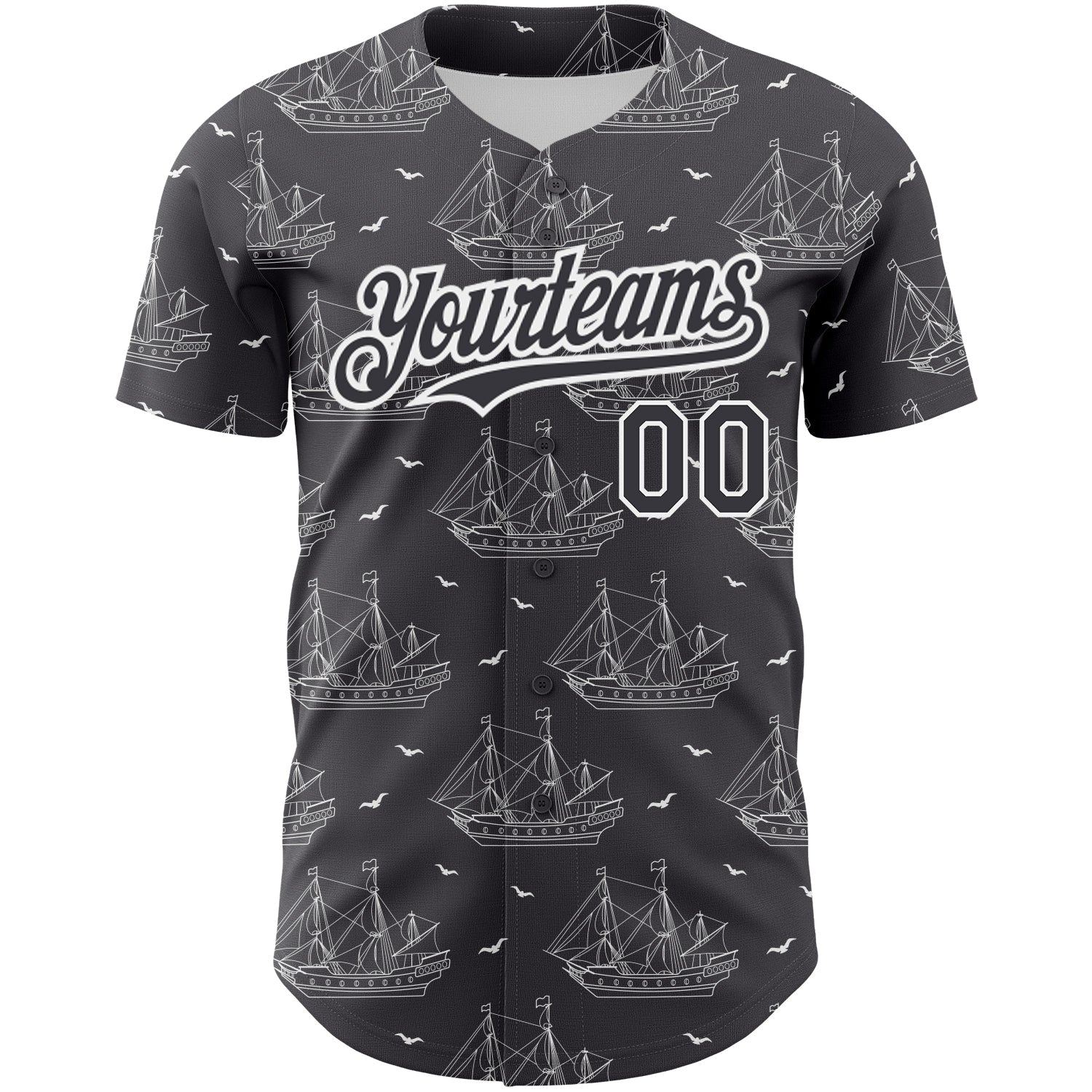 Custom Steel Gray White 3D Pattern Design Ship Frigate With Seagulls Authentic Baseball Jersey view 2