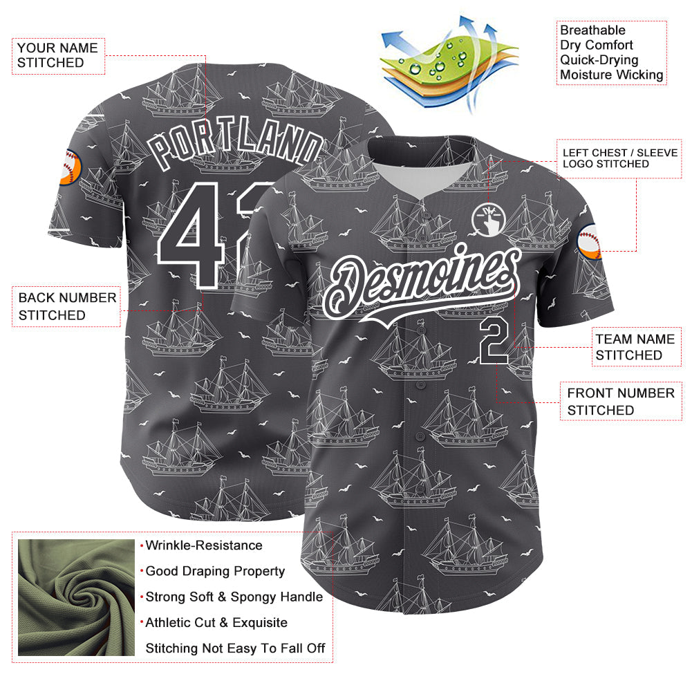 Custom Steel Gray White 3D Pattern Design Ship Frigate With Seagulls Authentic Baseball Jersey view 3